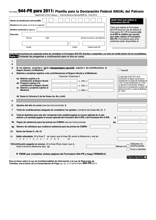 Fillable Formulario 944-Pr - Planilla Para La Declaracion Federal Anual Del Patrono - 2011 Printable pdf