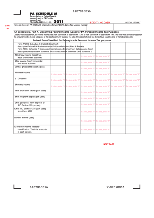 Fillable Form Pa-20s/pa-65 M - Pa Schedule M - Reconciliation Of Federal-Taxable Income (Loss) To Pa-Taxable Income (Loss) - 2011 Printable pdf