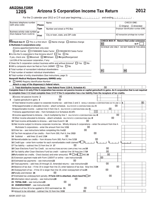 Fillable Arizona Form 120s Arizona S Corporation Income Tax Return 