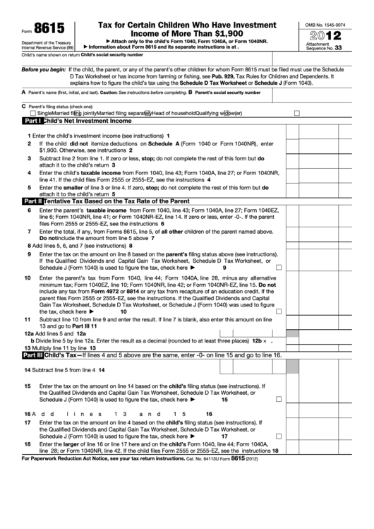 Fillable Form 8615 - Tax For Certain Children Who Have Investment Income Of More Than 1,900 - 2012 Printable pdf