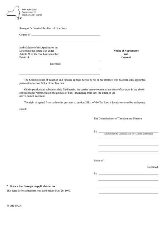 Form Tt-260 - Notice Of Appearance And Consent Printable pdf