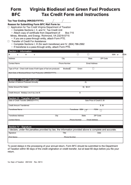 Form Bfc - Virginia Biodiesel And Green Fuel Producers Tax Credit Form And Instructions Printable pdf