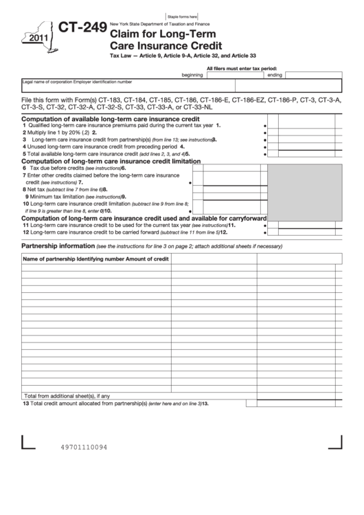 Fillable Form Ct-249 - Claim For Long-Term Care Insurance Credit - 2011 Printable pdf