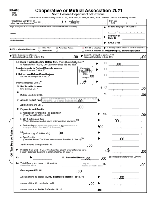 Form Cd-418 - Cooperative Or Mutual Association - 2011 Printable pdf