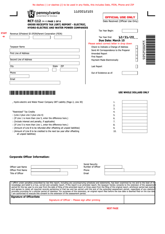 Fillable Form Rct-112 - Gross Receipts Tax (Grt) Report - Electric, Hydro-Electric And Water Power Companies Printable pdf