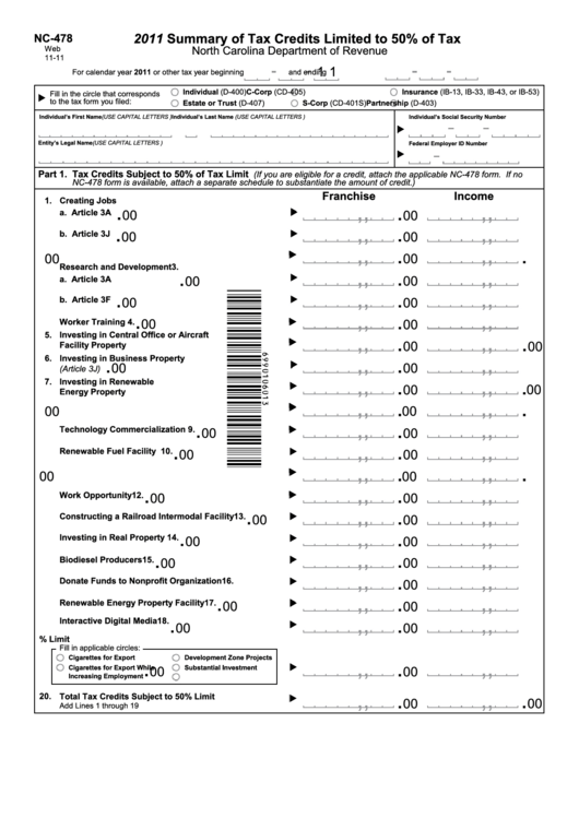 Form Nc-478 - Summary Of Tax Credits Limited To 50% Of Tax - 2011 Printable pdf