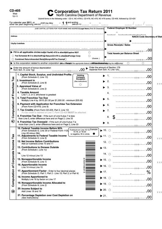 Form Cd-405 - Corporation Tax Return - 2011 Printable pdf