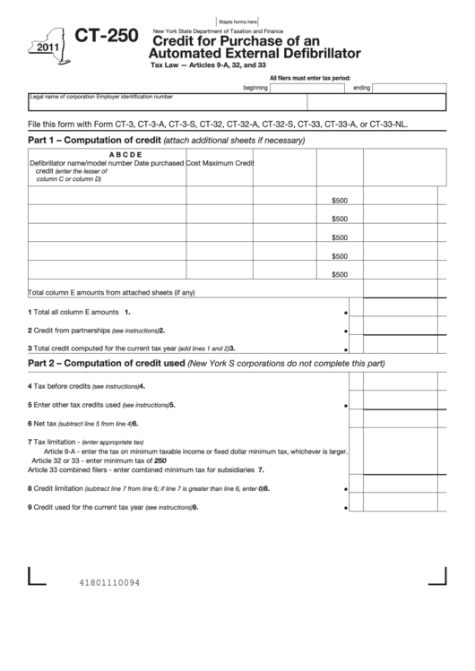 Form Ct-250 - Credit For Purchase Of An Automated External Defibrillator - 2011 Printable pdf