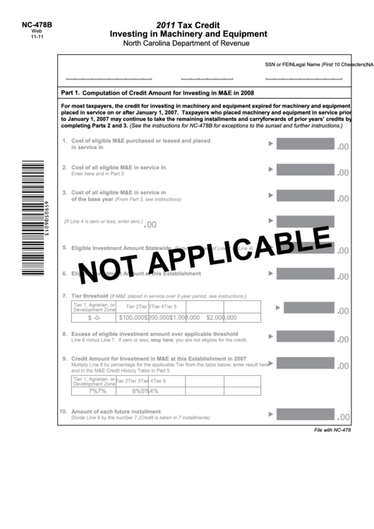 Form Nc-478b Draft - Tax Credit Investing In Machinery And Equipment - 2011 Printable pdf
