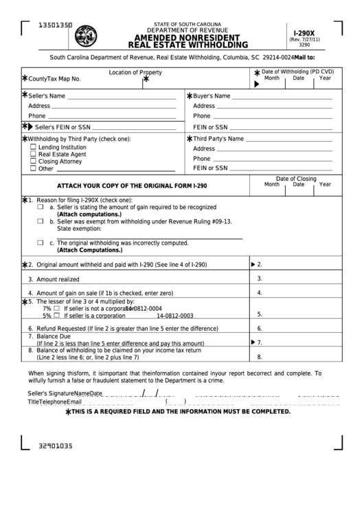 Form I-290x - Amended Nonresident Real Estate Withholding Printable pdf