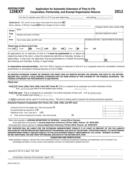Fillable Arizona Form 120ext - Application For Automatic Extension Of Time To File Corporation, Partnership, And Exempt Organization Returns - 2012 Printable pdf