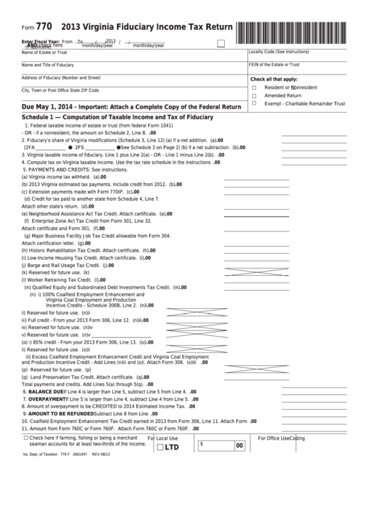 Fillable Form 770 - Virginia Fiduciary Income Tax Return - 2013 Printable pdf