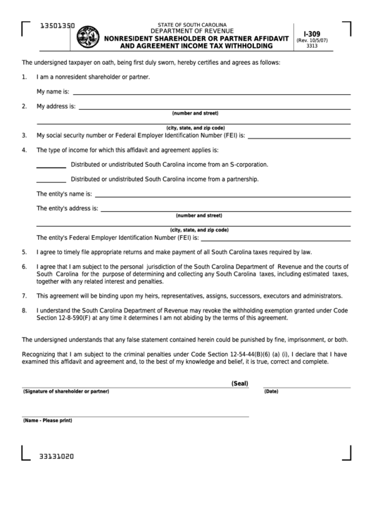 Form I-309 - Nonresident Shareholder Or Partner Affidavit And Agreement Income Tax Withholding Printable pdf
