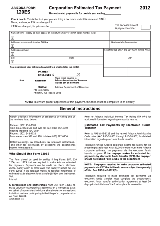 Fillable Arizona Form 120es - Corporation Estimated Tax Payment - 2012 Printable pdf