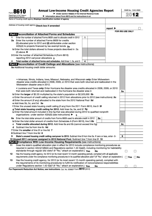 Fillable Form 8610 - Annual Low-Income Housing Credit Agencies Report - 2012 Printable pdf