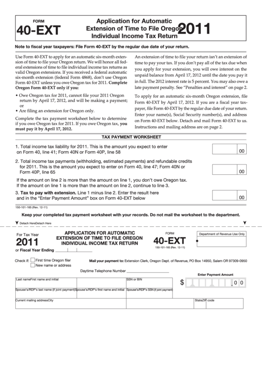Fillable Form 40-Ext - Application For Automatic Extension Of Time To File Oregon Individual Income Tax Return - 2011 Printable pdf