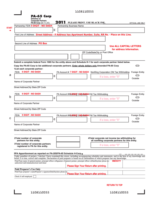 Fillable Form Pa-65 Corp - Directory Of Corporate Partners - 2011 Printable pdf