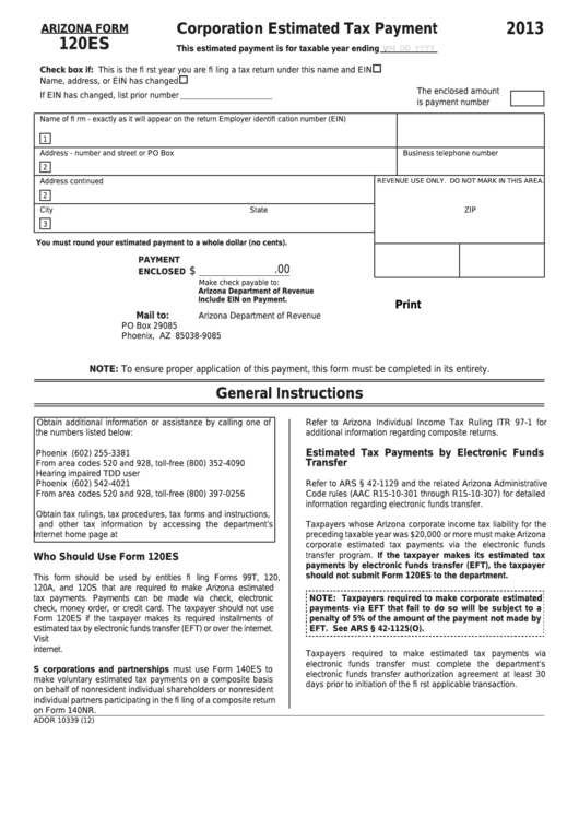 Fillable Arizona Form 120es - Corporation Estimated Tax Payment - 2013 Printable pdf