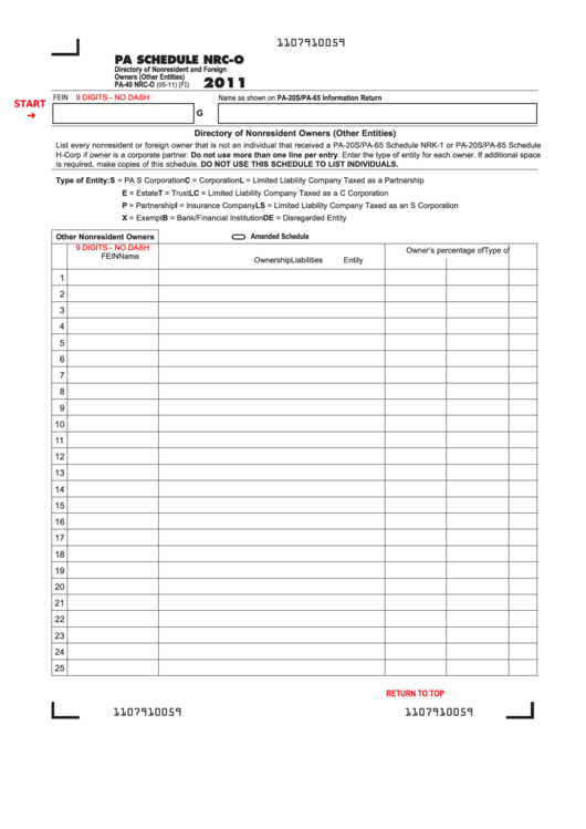 Fillable Form Pa-40 Nrc-O - Pa Schedule Nrc-O - Directory Of Nonresident And Foreign Owners (Other Entities) - 2011 Printable pdf