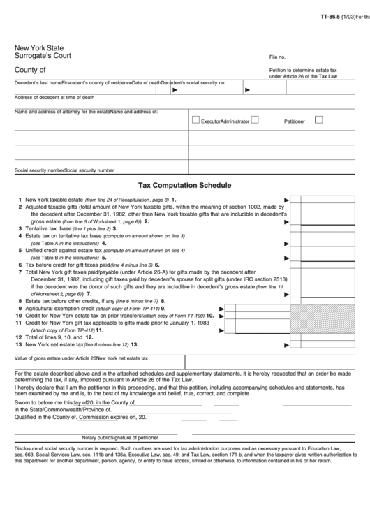 Form Tt-86.5 - Tax Computation Schedule Printable pdf