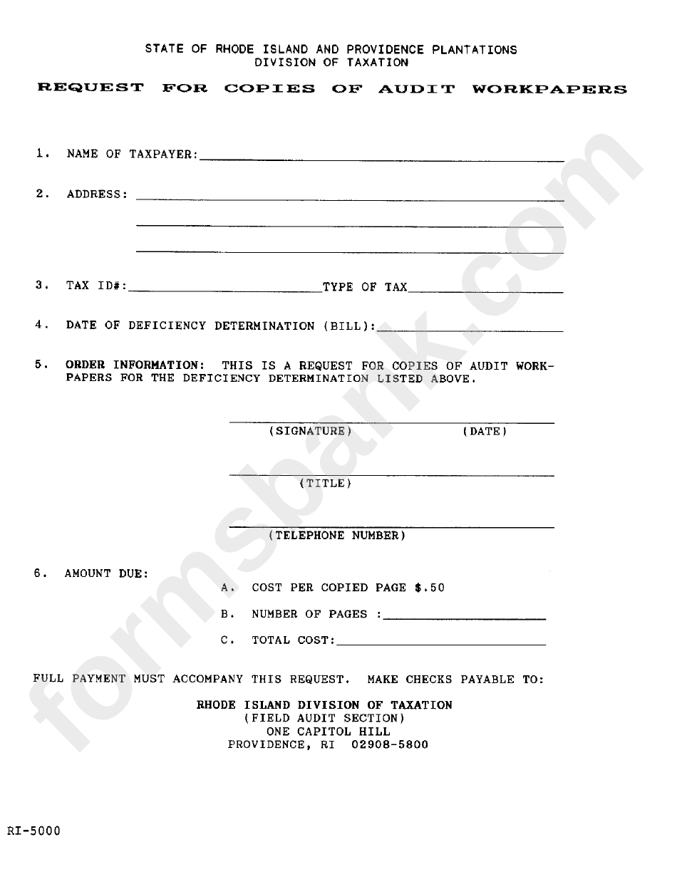 Form Ri-5000 - Request For Copies Of Audit Workpapers