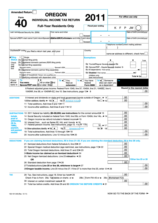 Fillable Form 40 - Oregon Individual Income Tax Return (Full-Year Residents Only) - 2011 Printable pdf