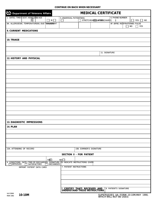 Va Form 10-10m - Medical Certificate Printable pdf