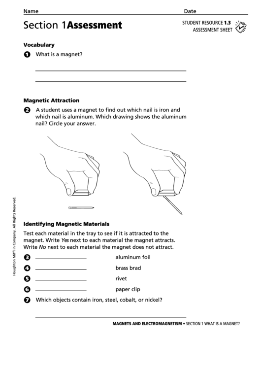 Section 1 Assessment What Is A Magnet Physics Worksheet Printable pdf