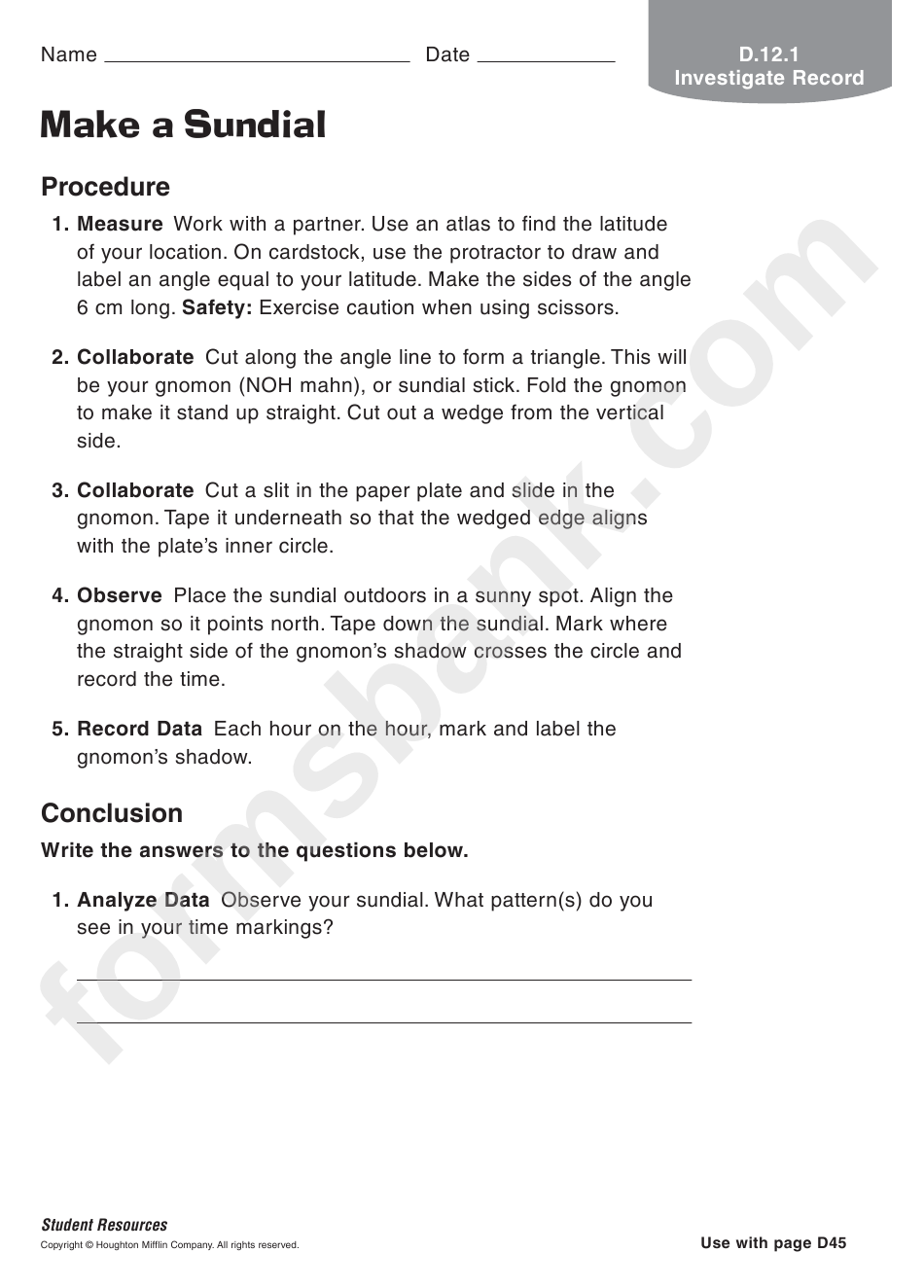 Make A Sundial Physics Worksheet