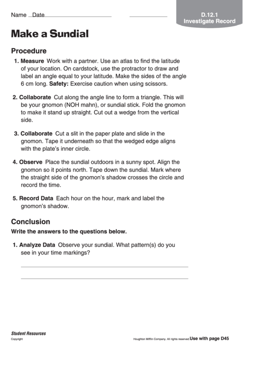 Make A Sundial Physics Worksheet Printable pdf