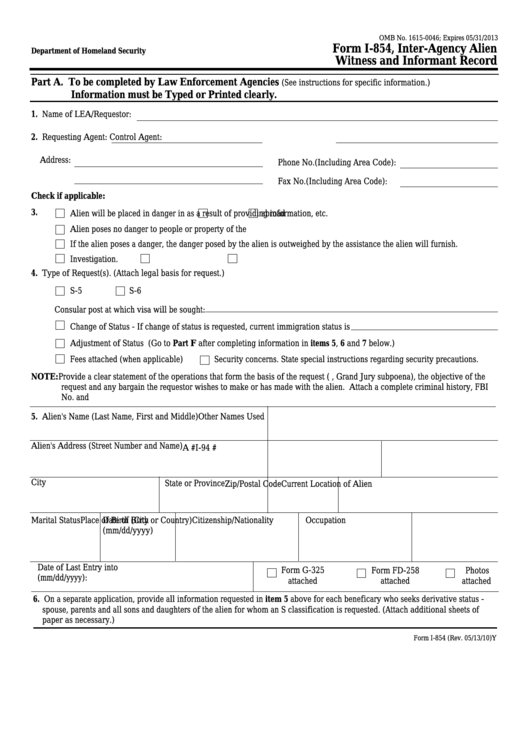 Fillable Form I-854 - Inter-Agency Alien Witness And Informant Record Printable pdf