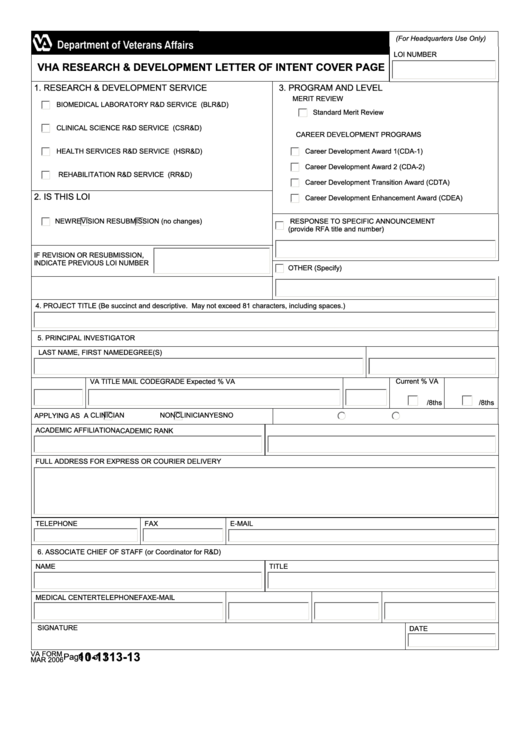 Fillable Va Form 10-1313-13 - Vha Research & Development Letter Of Intent Cover Page Printable pdf