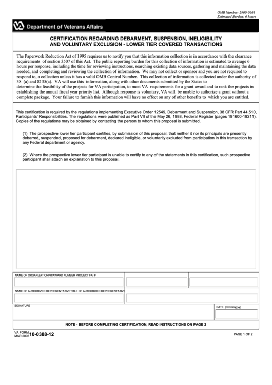 Fillable Va Form 10-0388-12 - Certification Regarding Debarment, Suspension, Ineligibility And Voluntary Exclusion - Lower Tier Covered Transactions Printable pdf