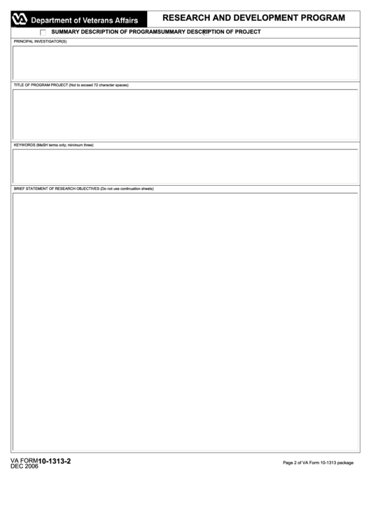 Fillable Va Form 10-1313-2 - Research And Development Program Printable pdf