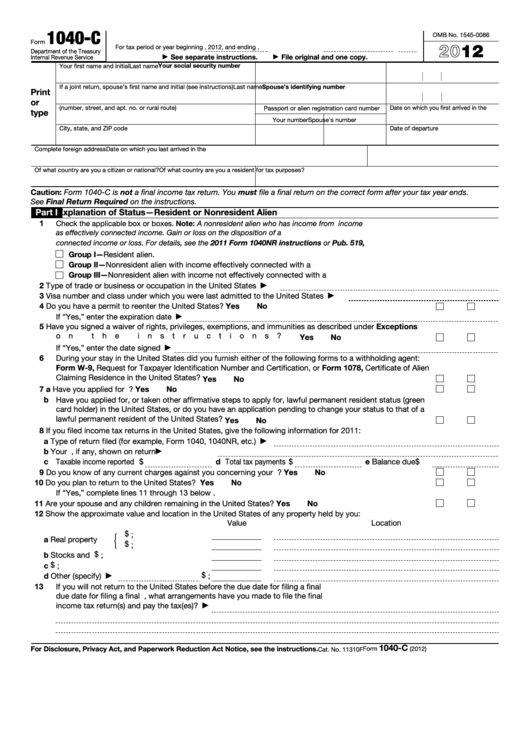 Fillable Form 1040-C - U.s. Departing Alien Income Tax Return - 2012 Printable pdf