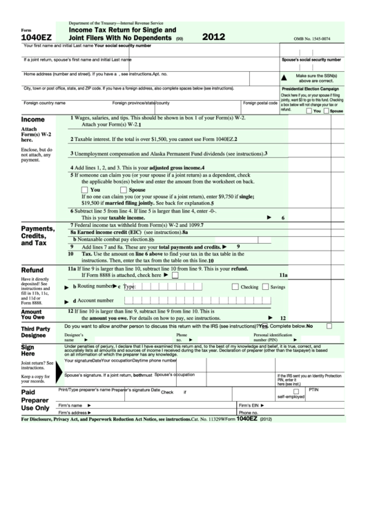 Fillable Form 1040ez - Income Tax Return For Single And Joint Filers With No Dependents - 2012 Printable pdf