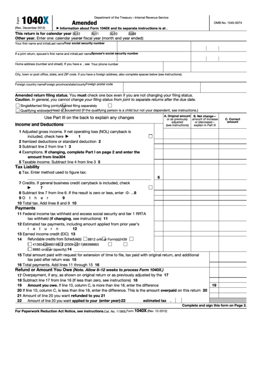 Fillable Form 1040x Amended U s Individual Income Tax Return Printable Pdf Download