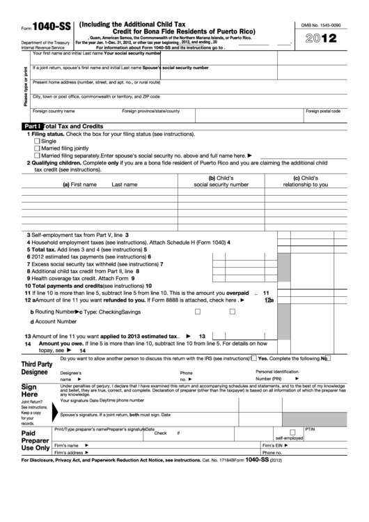 Fillable Form 1040-Ss - U.s. Self-Employment Tax Return (Including The Additional Child Tax Credit For Bona Fide Residents Of Puerto Rico) - 2012 Printable pdf