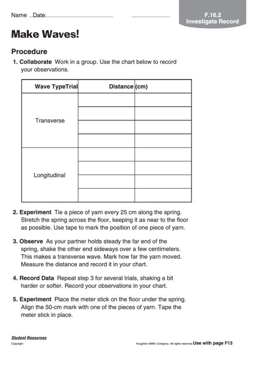 Make Waves Physics Worksheet Printable pdf