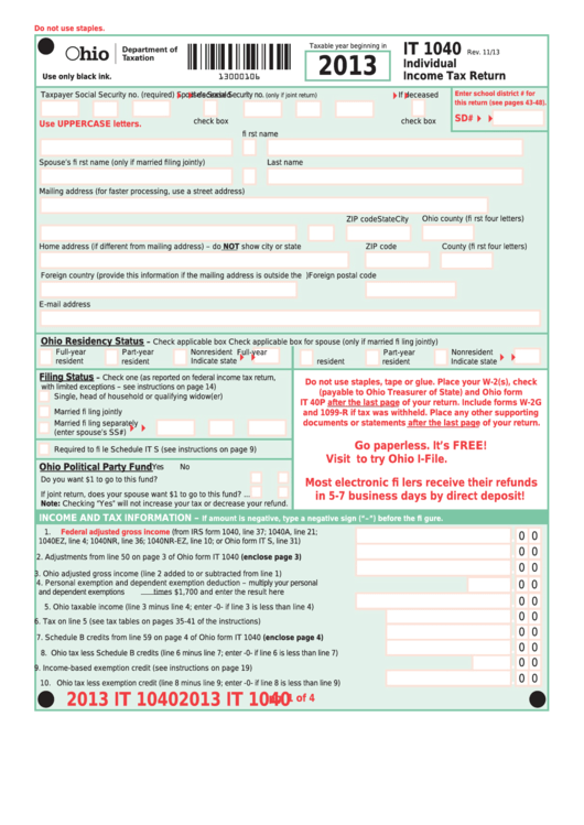 Fillable Form It 1040 - Individual Income Tax Return - 2013 Printable pdf
