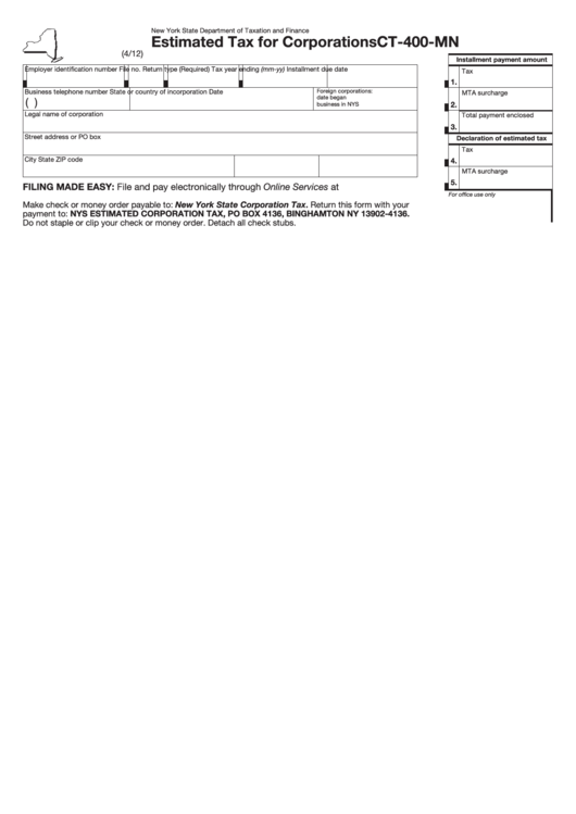 Fillable Form Ct400Mn Estimated Tax For Corporations printable pdf