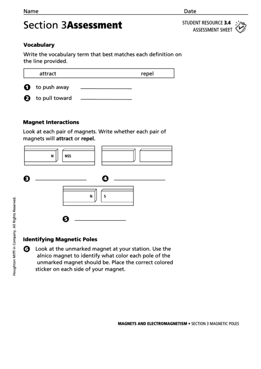 Section 3 Assessment Magnetic Poles Physics Worksheet Printable pdf