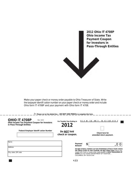 Fillable Ohio Form It 4708p - Ohio Income Tax Payment Coupon For Investors In Pass-Through Entities - 2012 Printable pdf