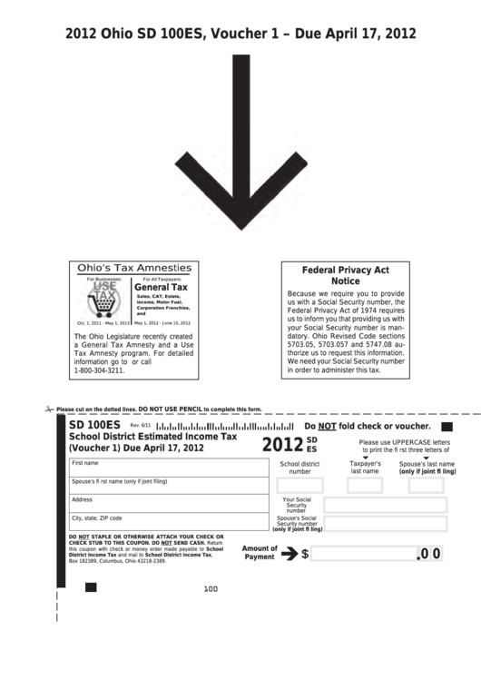Fillable Form Sd 100es - School District Estimated Income Tax - 2012 Printable pdf
