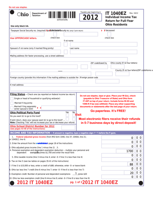 Fillable Form It 1040ez - Individual Income Tax Return For Full-Year Ohio Residents - 2012 Printable pdf