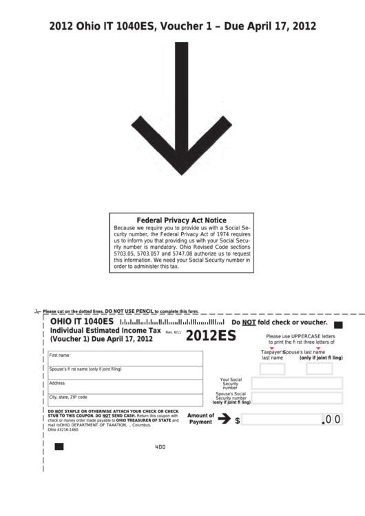 Fillable Ohio Form It 1040es - Individual Estimated Income Tax - 2012 Printable pdf