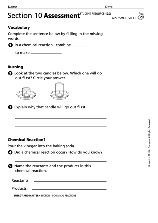 Section 10 Chemical Reactions Assessment Chemistry Worksheet Printable pdf