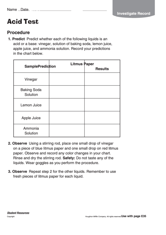 Acid Test Chemistry Worksheet Printable pdf
