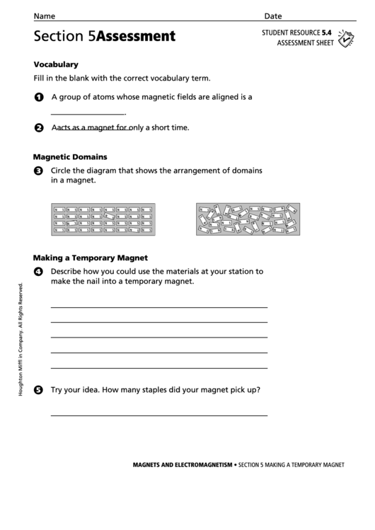 Section 5 Assessment Making A Temporary Magnet Physics Worksheet Printable pdf