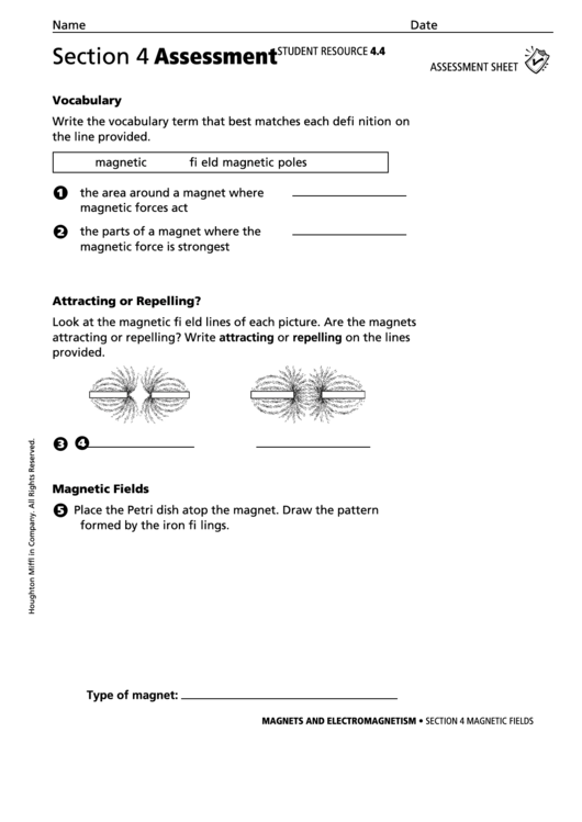 Section 4 Assessment Magnetic Fields Physics Worksheet Printable pdf